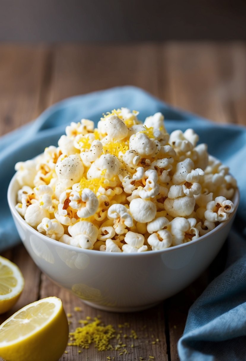 A bowl of freshly popped popcorn sprinkled with lemon zest and black pepper seasoning