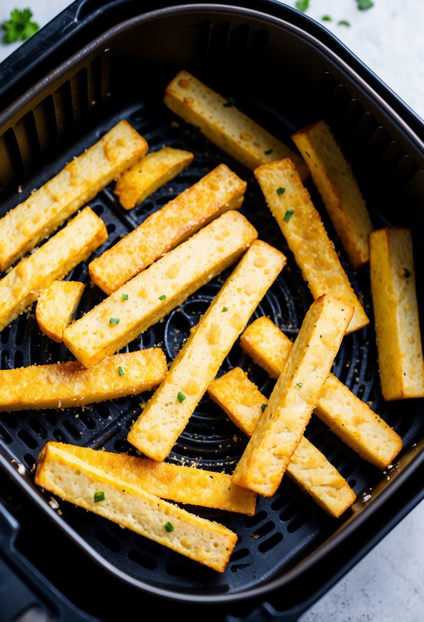 Golden tofu fries coated in garlic parmesan seasoning, sizzling in an air fryer basket