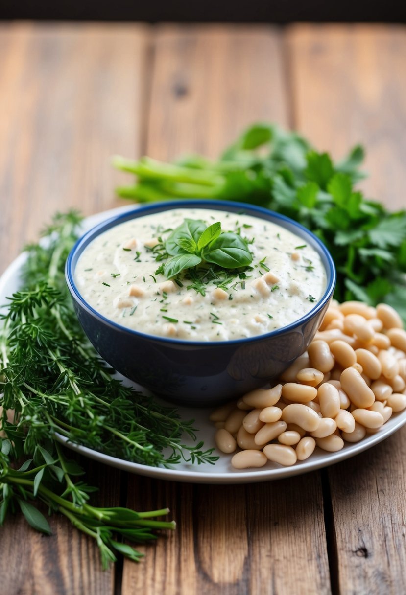 A bowl of herbed white bean dip surrounded by fresh herbs and a pile of low sodium beans