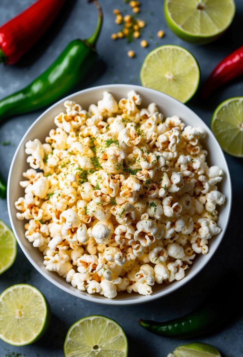 A bowl of freshly popped popcorn sprinkled with chili lime seasoning, surrounded by vibrant lime and chili peppers