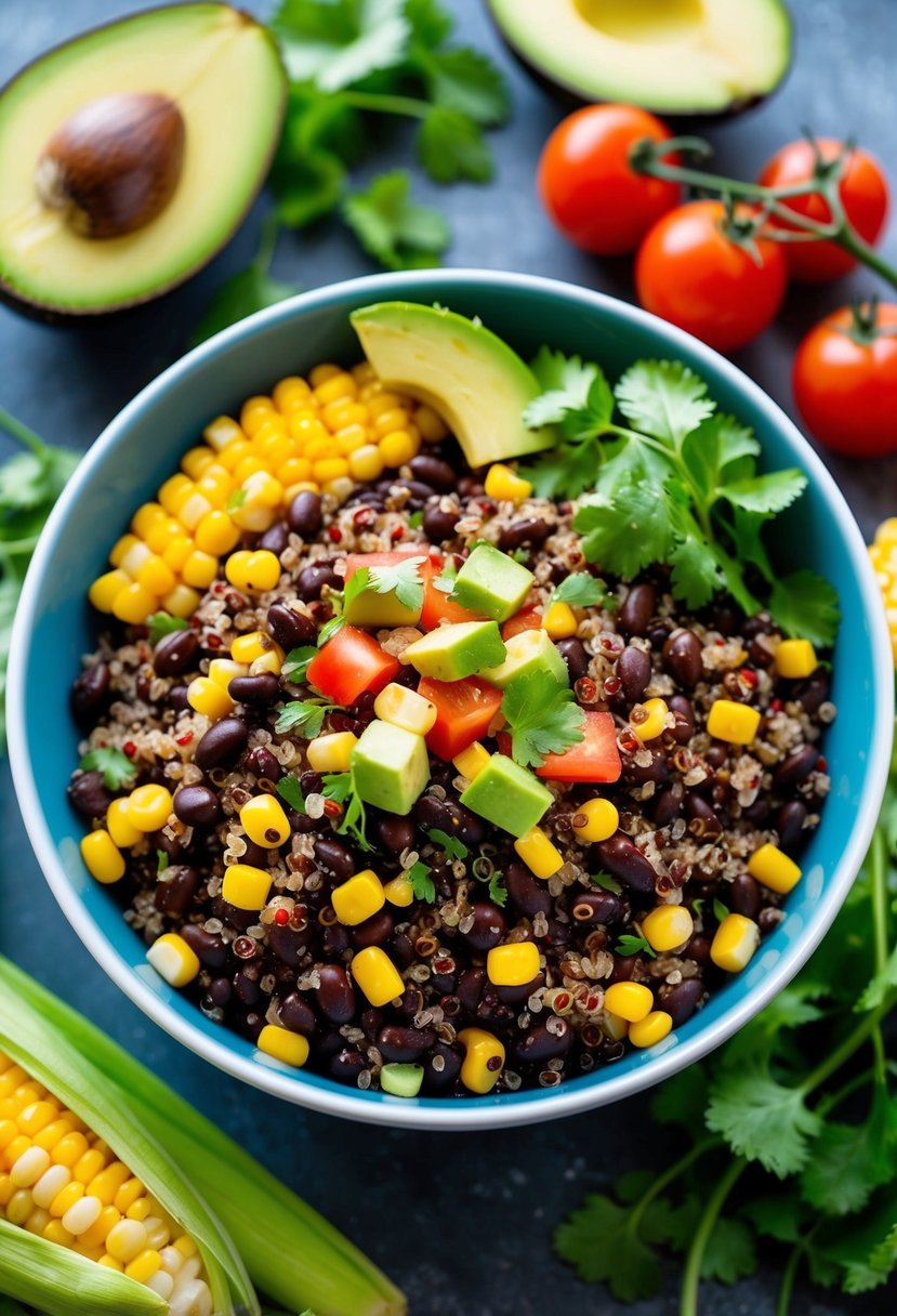 A colorful bowl filled with southwest black bean quinoa, surrounded by fresh ingredients like tomatoes, corn, avocado, and cilantro