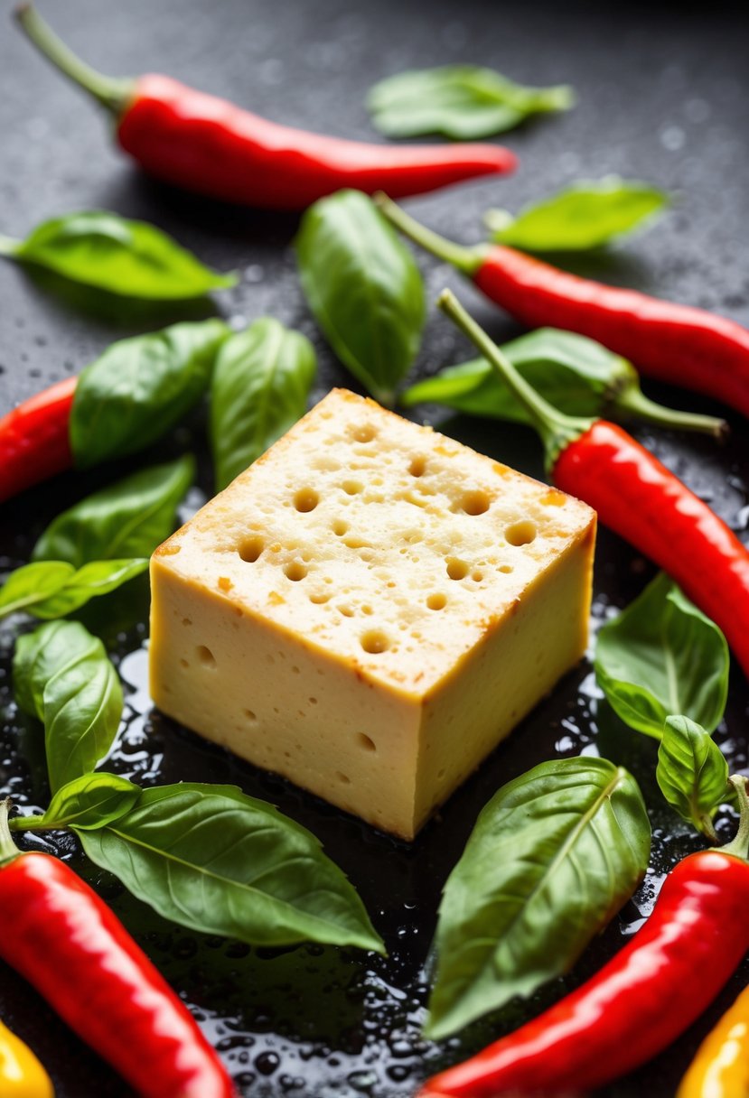 A sizzling block of tofu surrounded by vibrant Thai chili peppers and fresh basil leaves, ready to be air fried