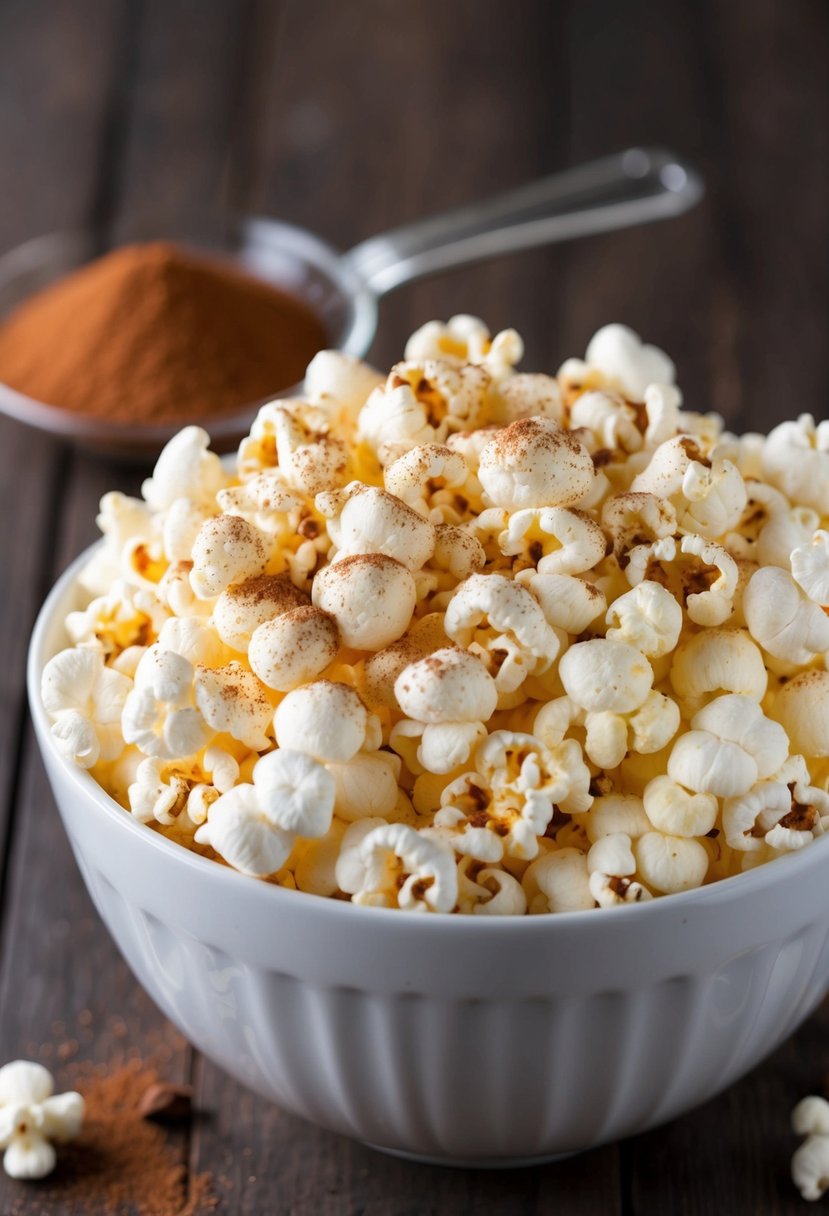 A bowl of freshly popped popcorn sprinkled with cocoa powder and stevia