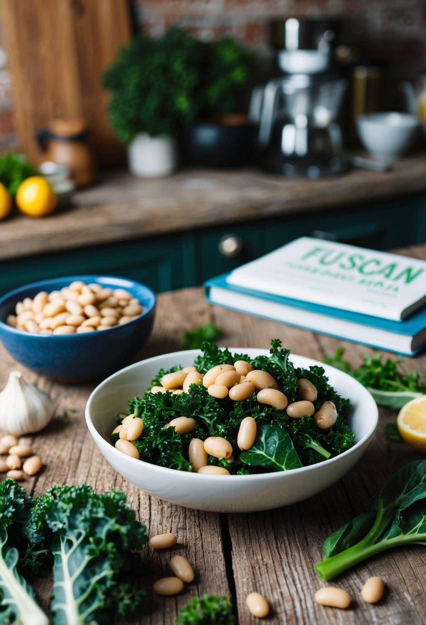 A rustic kitchen table with a bowl of Tuscan kale and cannellini beans, surrounded by fresh ingredients and a low sodium recipe book