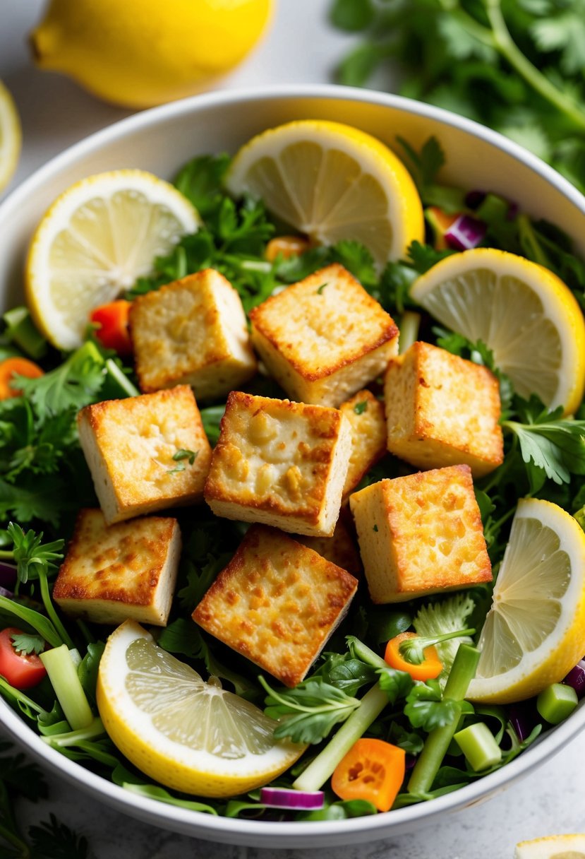 A vibrant salad bowl with golden cubes of air-fried tofu, surrounded by fresh lemon wedges and a variety of colorful herbs and vegetables