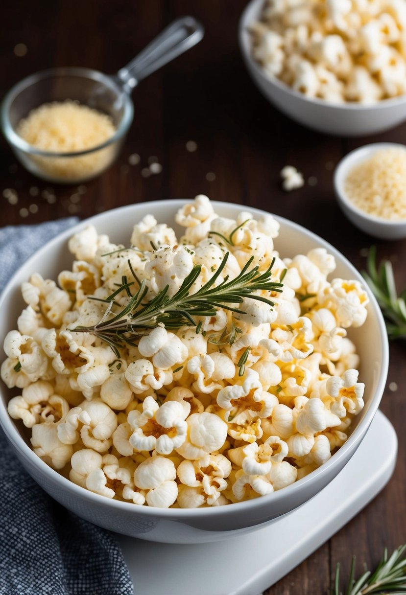 A bowl of air-popped popcorn sprinkled with rosemary and Parmesan cheese