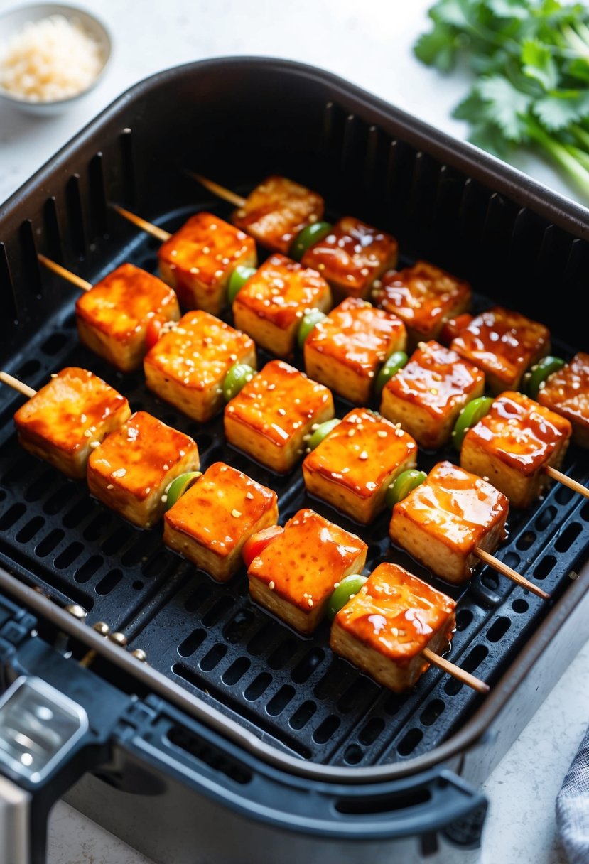 Teriyaki glazed tofu skewers sizzling in an air fryer, emitting a savory aroma with a golden brown glaze