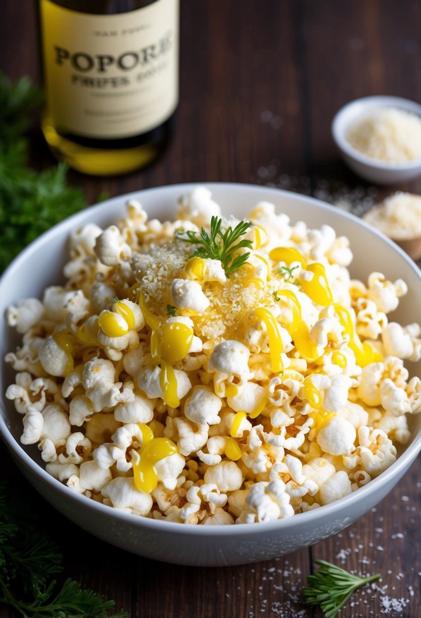 A bowl of freshly popped popcorn drizzled with truffle oil and sprinkled with grated parmesan cheese