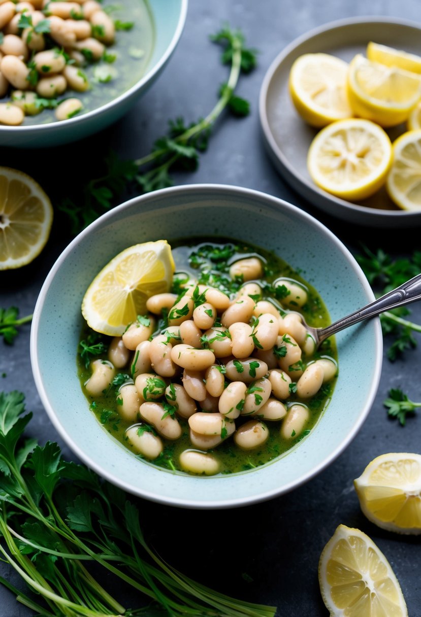 A bowl of butterbeans in a lemon herb sauce, surrounded by fresh herbs and a lemon wedge