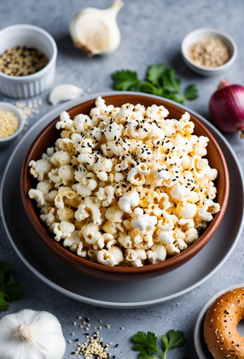 A bowl of freshly popped popcorn sprinkled with everything bagel seasoning, surrounded by ingredients like garlic, onion, sesame seeds, and salt