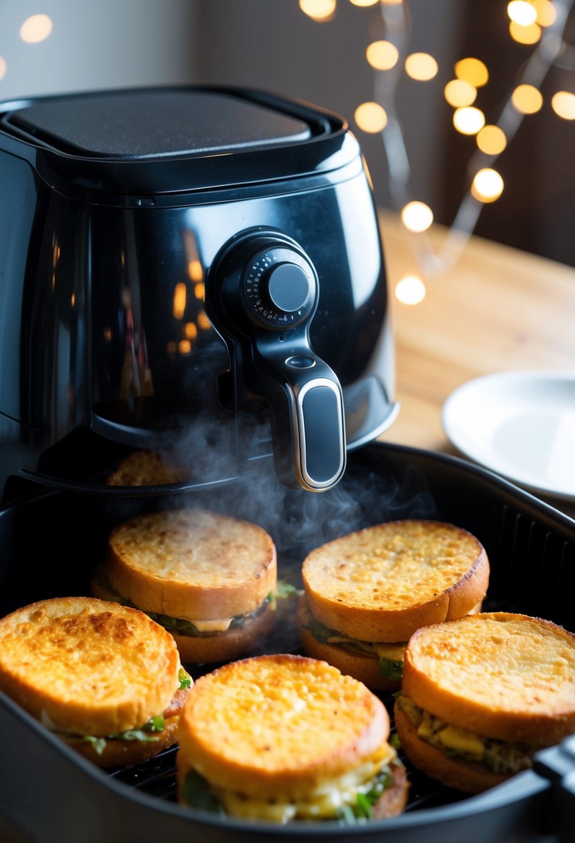 Sizzling tofu sliders cooking in an air fryer, emitting a savory aroma