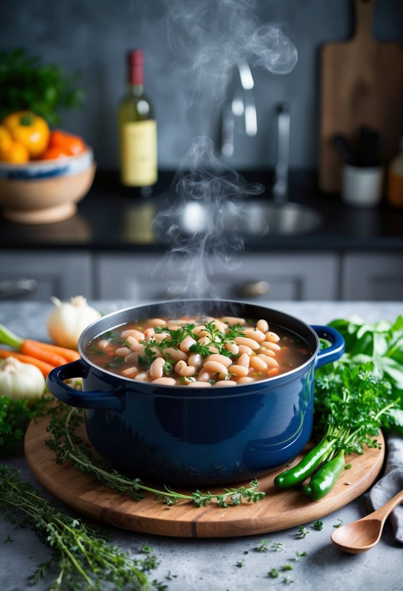 A steaming pot of navy bean stew surrounded by fresh herbs and vegetables on a rustic kitchen counter