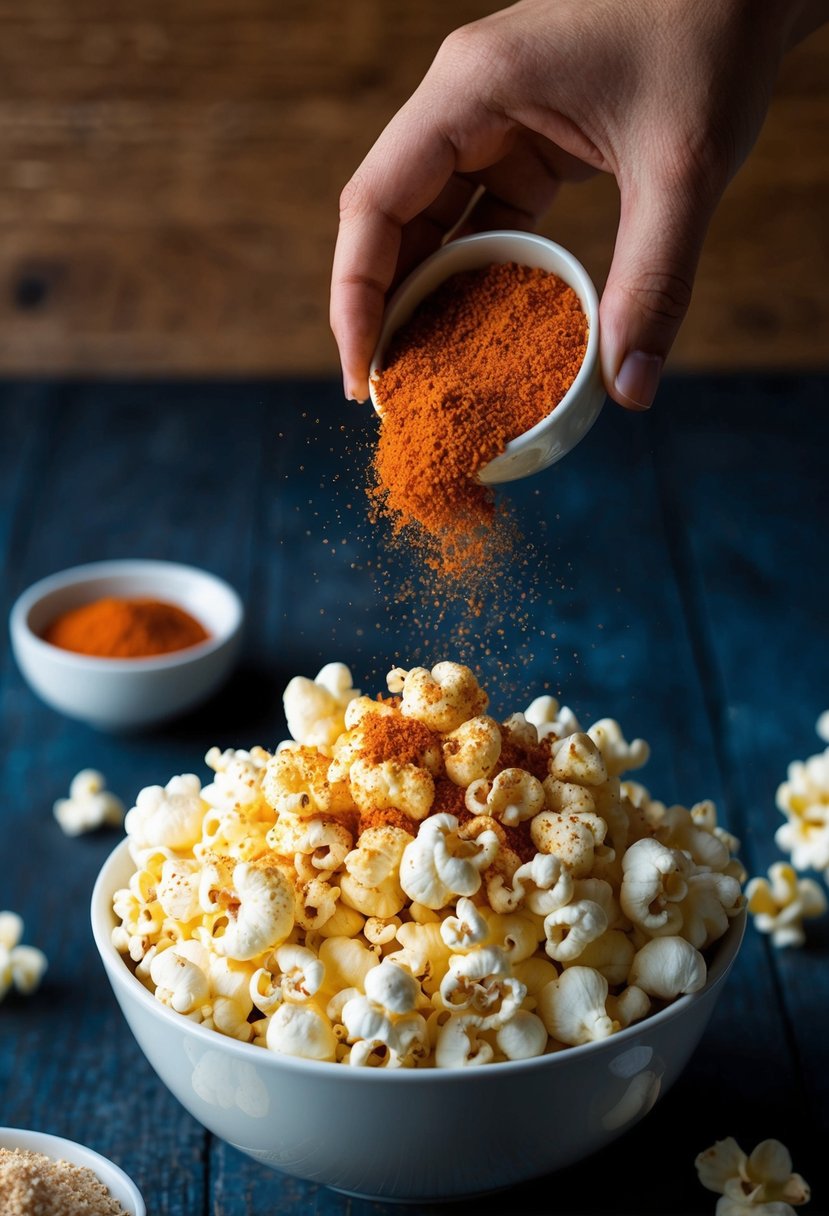 A bowl of freshly popped popcorn being sprinkled with Sriracha powder seasoning