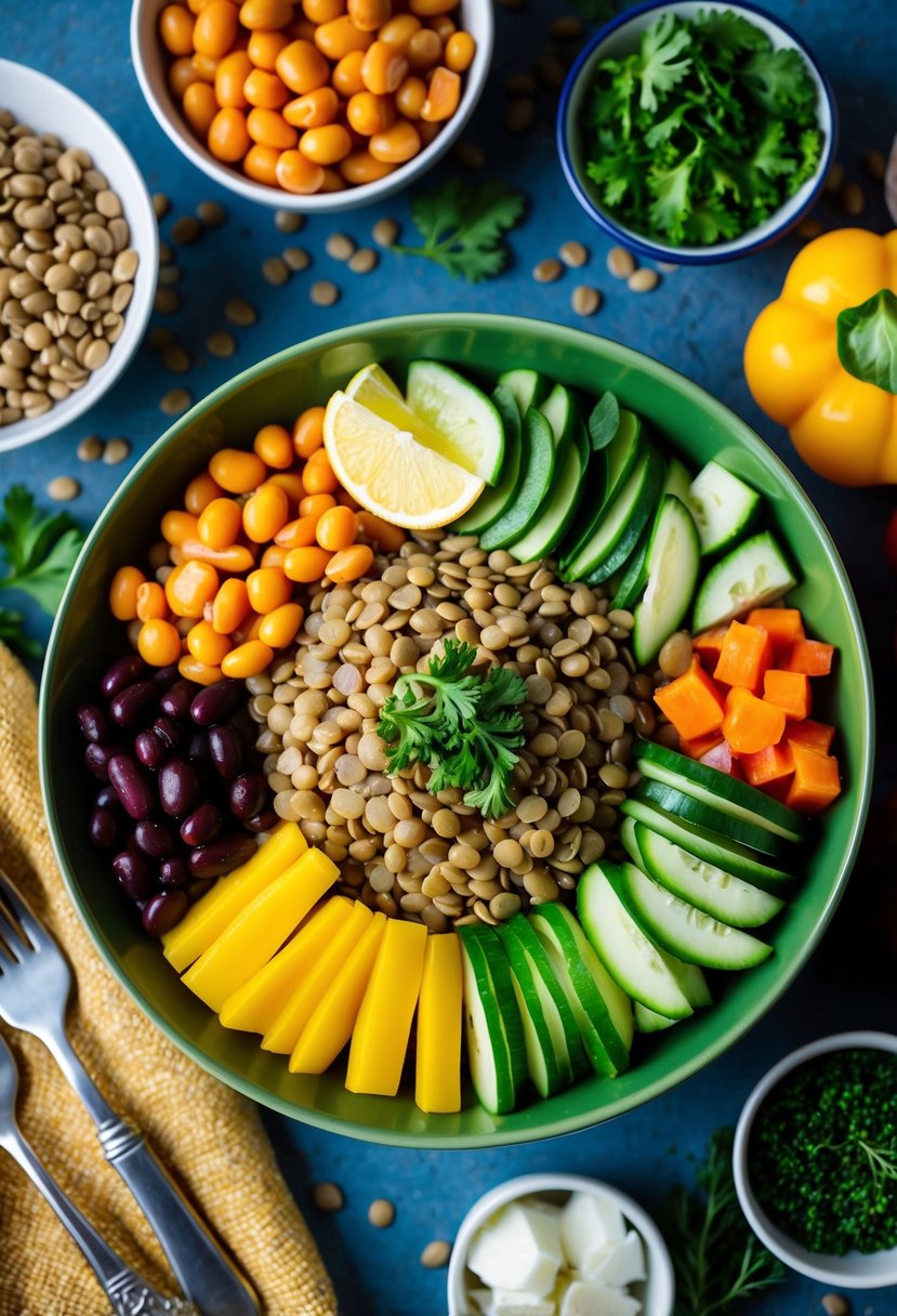 A colorful array of lentils, beans, and fresh vegetables arranged in a vibrant Mediterranean-inspired salad