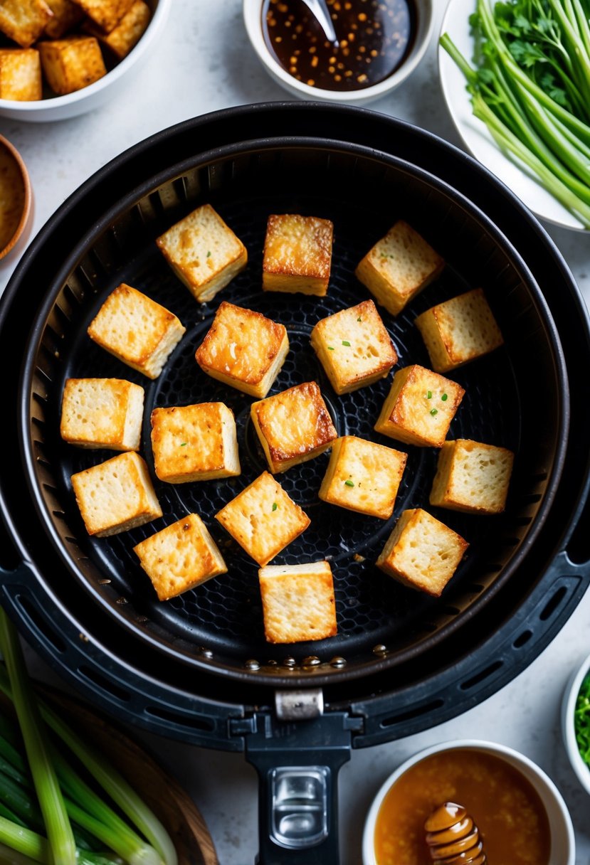 Crispy cubes of tofu sizzling in an air fryer, surrounded by bowls of honey soy sauce and fresh vegetables