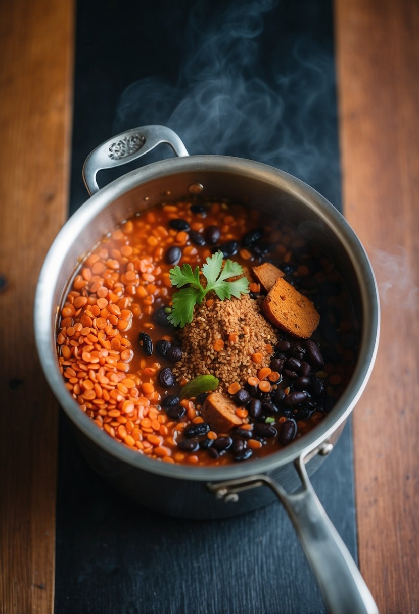 A simmering pot of red lentils and black beans with aromatic spices