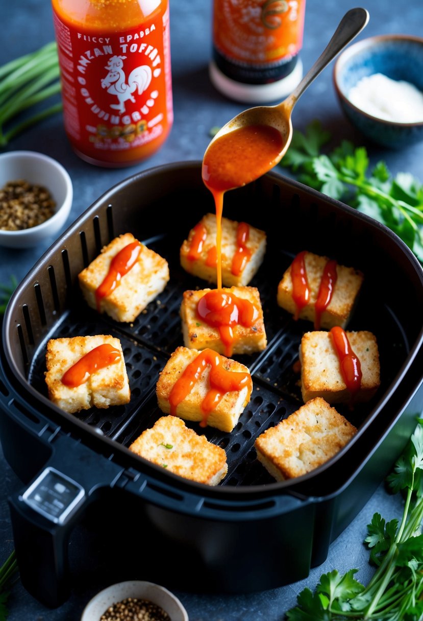 Crispy tofu nuggets sizzling in an air fryer, drizzled with spicy Sriracha sauce, surrounded by vibrant herbs and seasonings