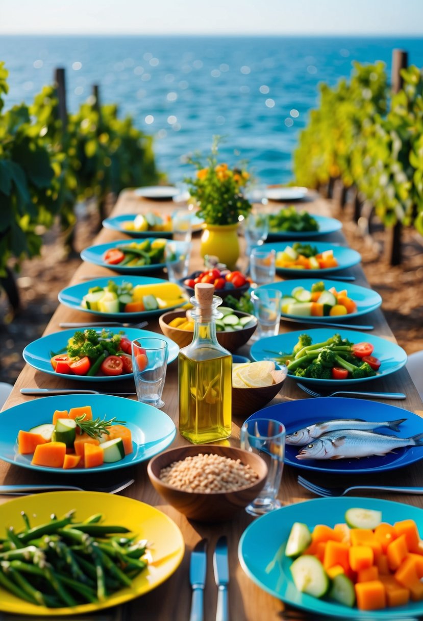 A table set with colorful plates of fresh vegetables, olive oil, fish, and whole grains, surrounded by vineyards and a sparkling sea