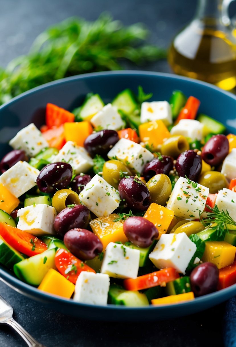 A colorful Greek salad with fresh vegetables, olives, and chunks of feta cheese, drizzled with olive oil and sprinkled with herbs