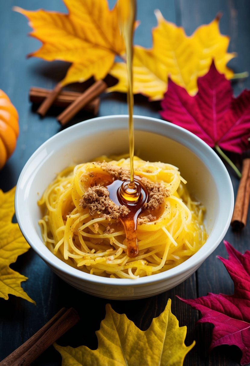 A steaming bowl of spaghetti squash with a drizzle of honey and a sprinkle of cinnamon, surrounded by colorful fall leaves