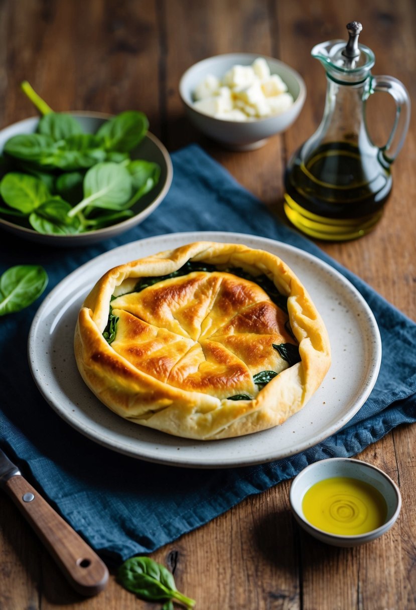 A rustic kitchen table with a golden-brown spanakopita on a ceramic plate, surrounded by fresh spinach, feta cheese, and olive oil