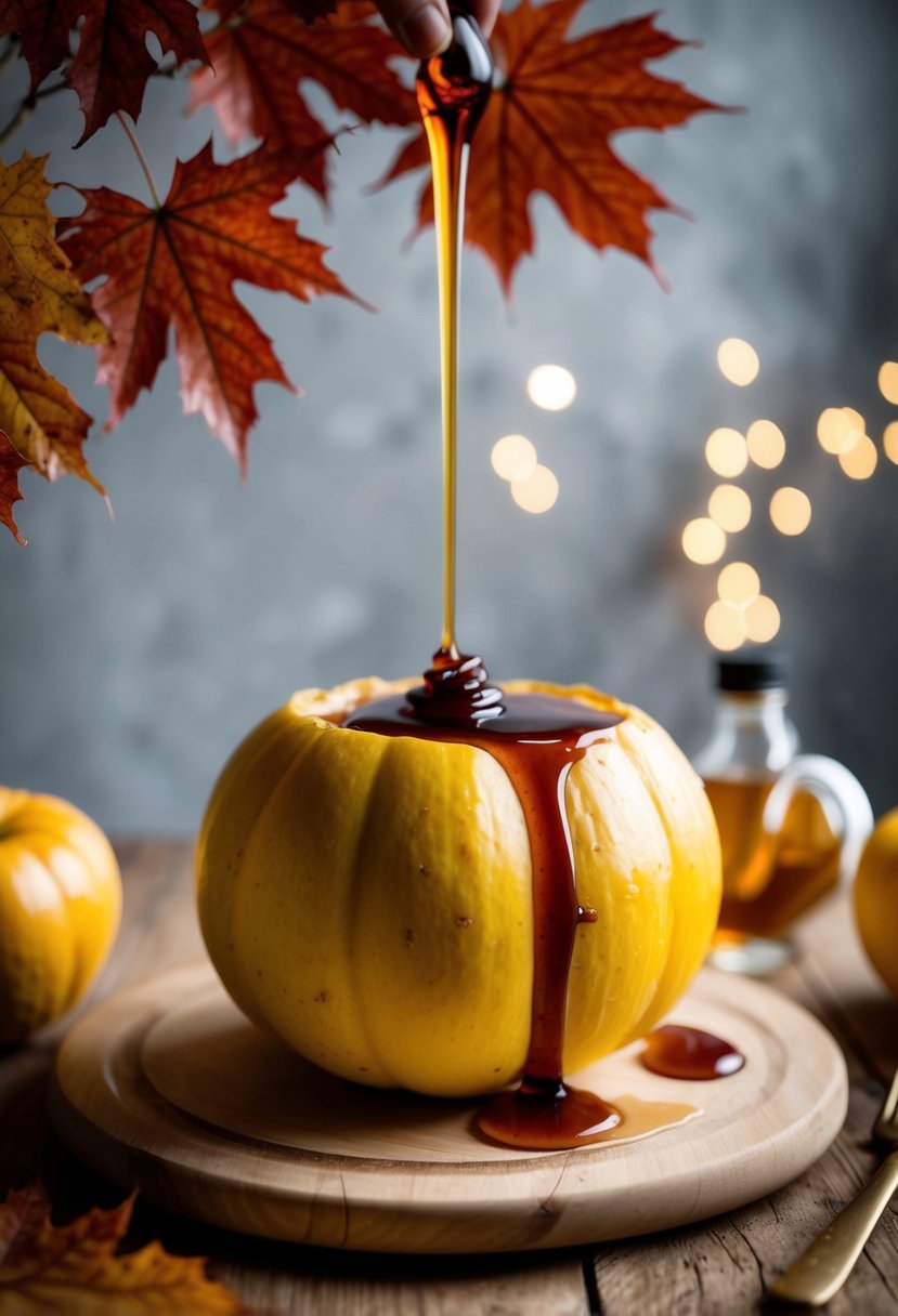 A spaghetti squash with maple glaze, surrounded by maple leaves and a drizzle of syrup