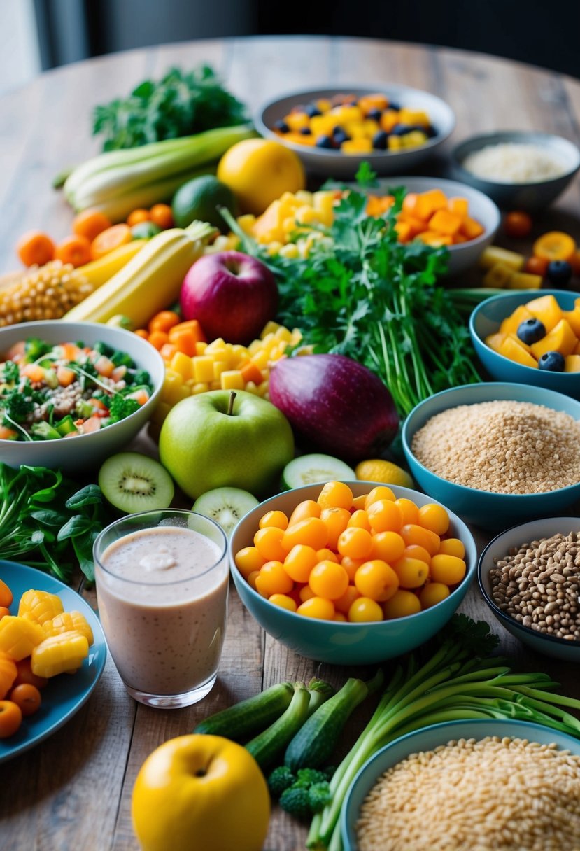 A table filled with colorful fruits, vegetables, and grains, alongside gut-healthy recipes and a probiotic-rich drink