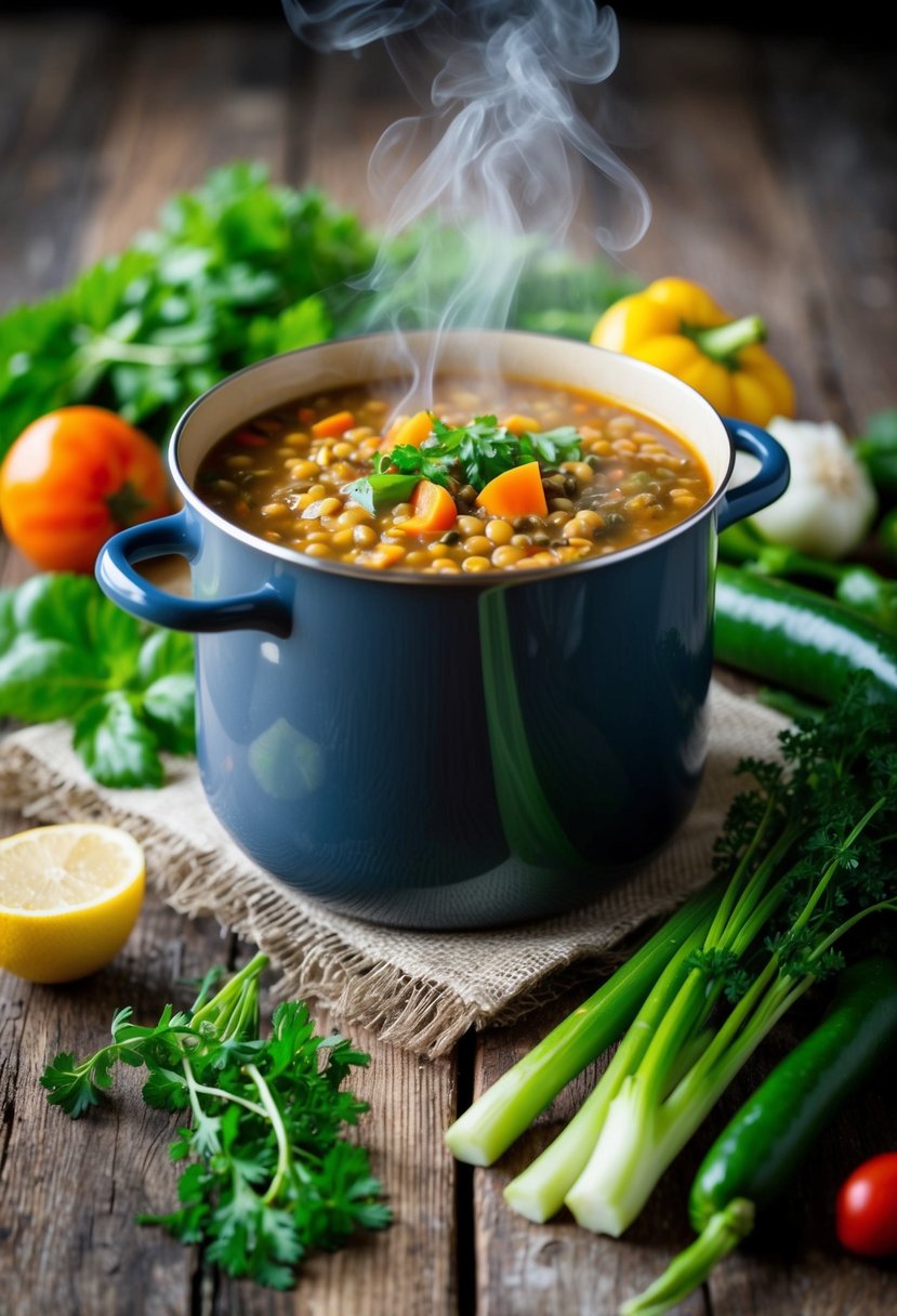 A steaming pot of lentil soup surrounded by fresh vegetables and herbs on a rustic wooden table