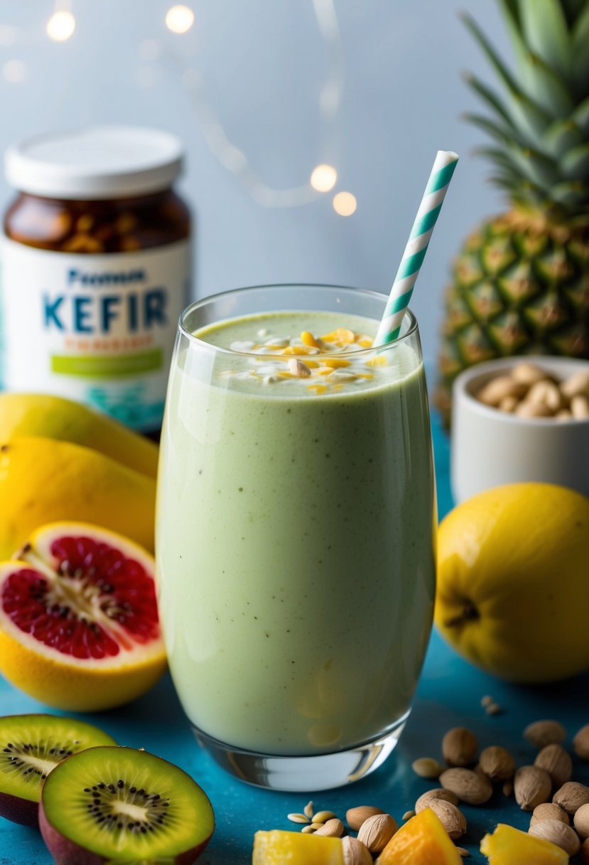 A glass filled with a creamy, green kefir breakfast smoothie surrounded by fresh fruits and a jar of probiotic-rich ingredients