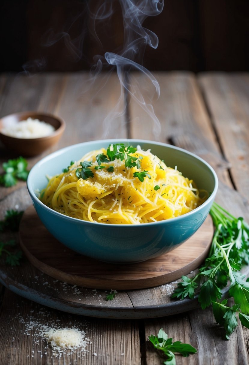 A steaming bowl of garlic parmesan spaghetti squash with fresh herbs and a sprinkle of parmesan cheese on a rustic wooden table