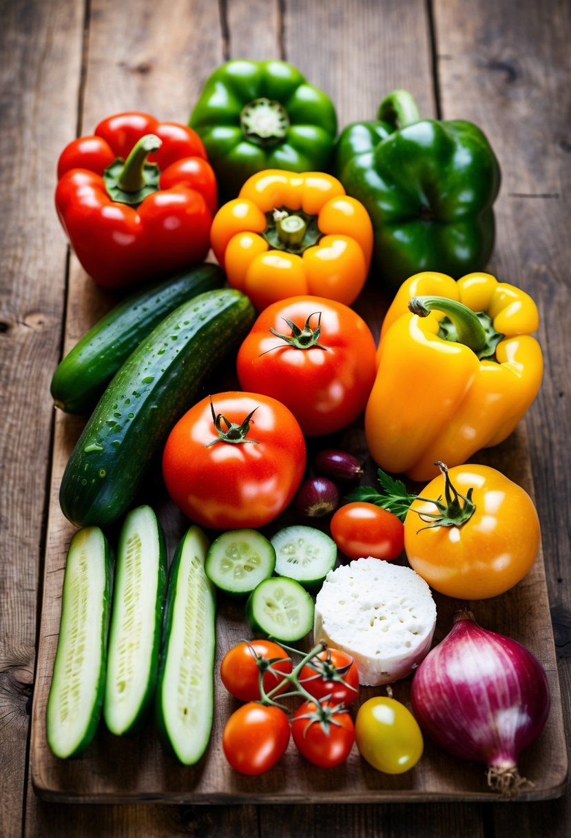 A colorful array of fresh tomatoes, cucumbers, bell peppers, onions, olives, and feta cheese arranged on a rustic wooden table