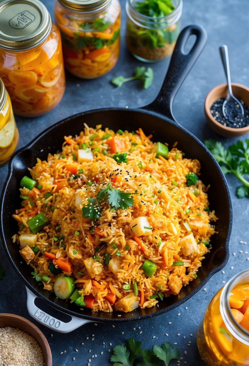 A sizzling skillet of kimchi fried rice with colorful vegetables and a sprinkle of sesame seeds, surrounded by jars of fermented foods