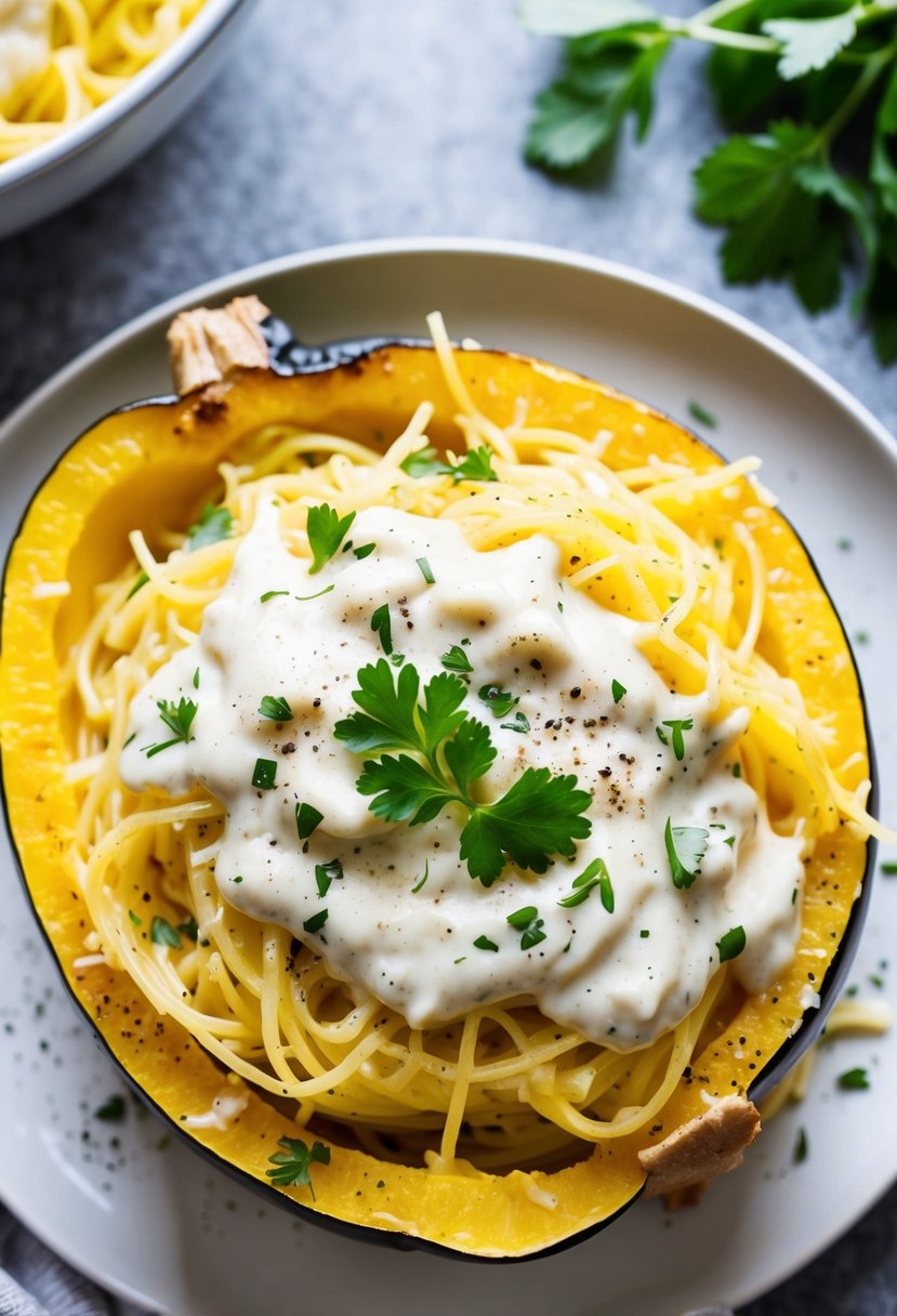 A steaming plate of spaghetti squash covered in creamy alfredo sauce, garnished with fresh herbs and cracked black pepper