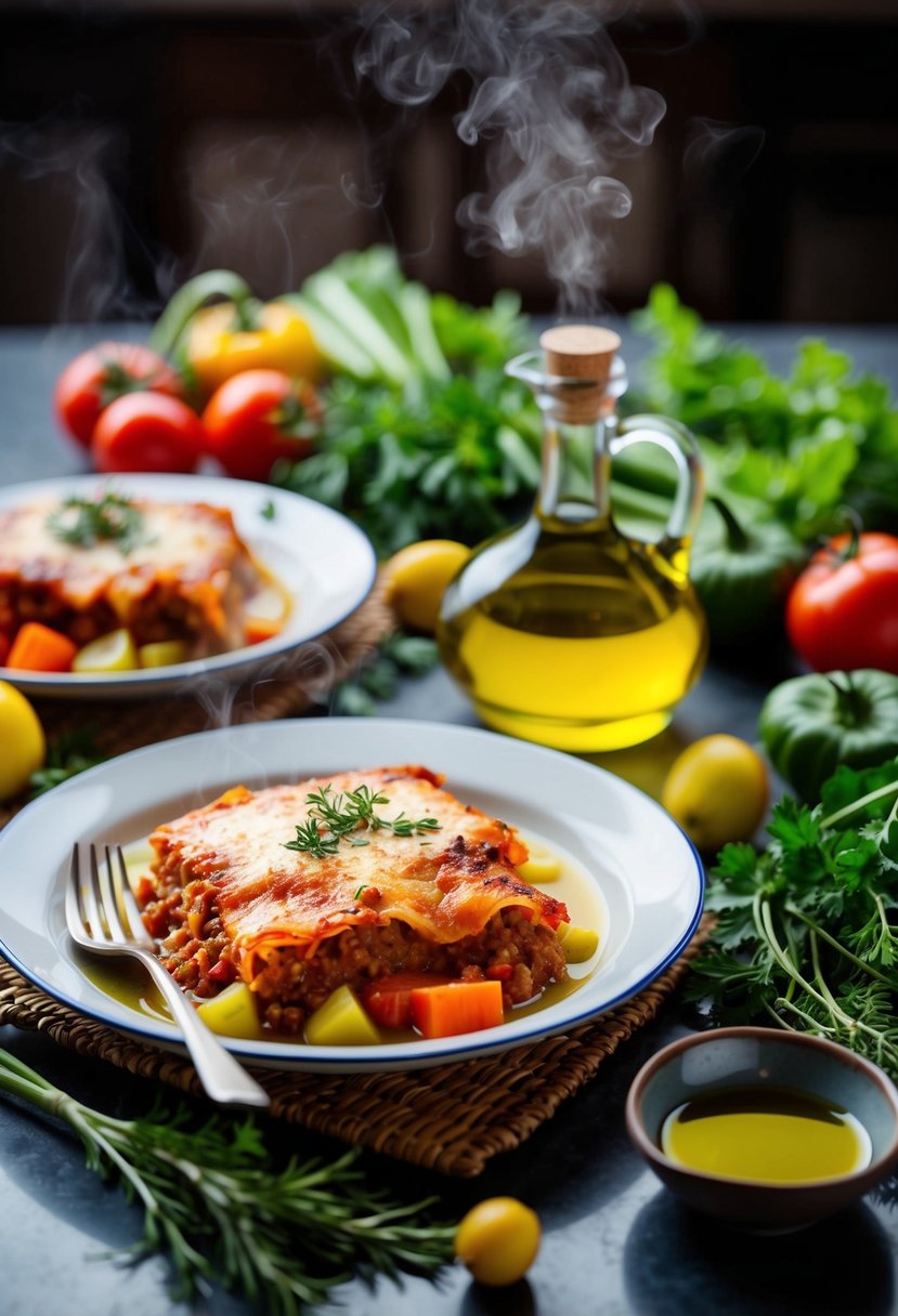 A table set with a steaming dish of moussaka, surrounded by fresh vegetables, olive oil, and herbs, evoking the essence of the authentic Mediterranean diet