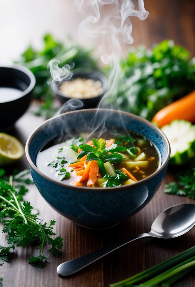 A steaming bowl of miso soup surrounded by fresh vegetables and herbs, with a spoon resting on the side