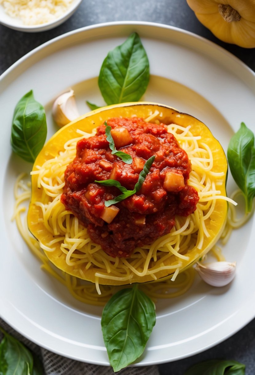 A steaming plate of spaghetti squash topped with marinara sauce, surrounded by fresh basil leaves and garlic cloves