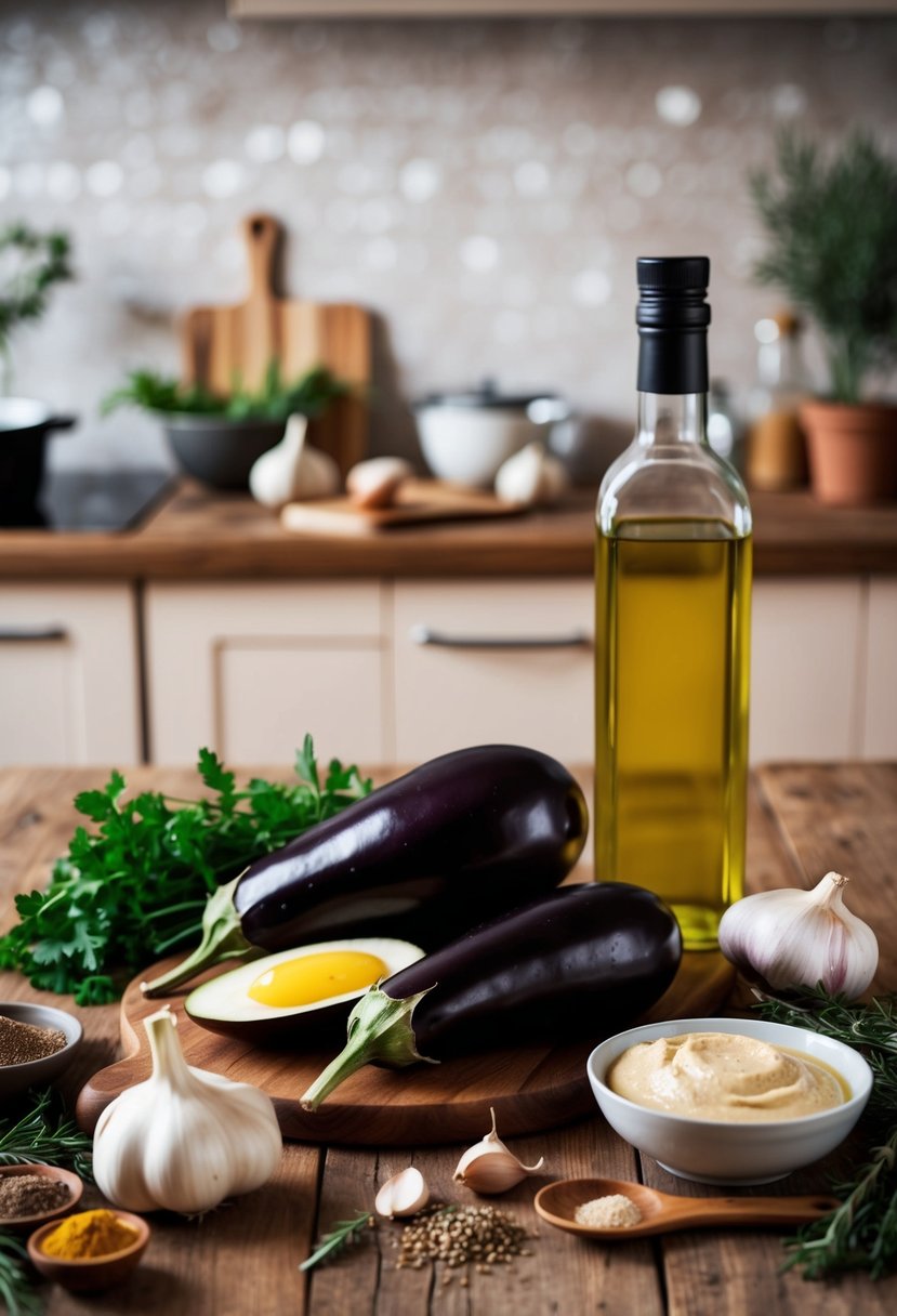 A rustic kitchen with fresh eggplants, garlic, tahini, and olive oil on a wooden table, surrounded by Mediterranean herbs and spices