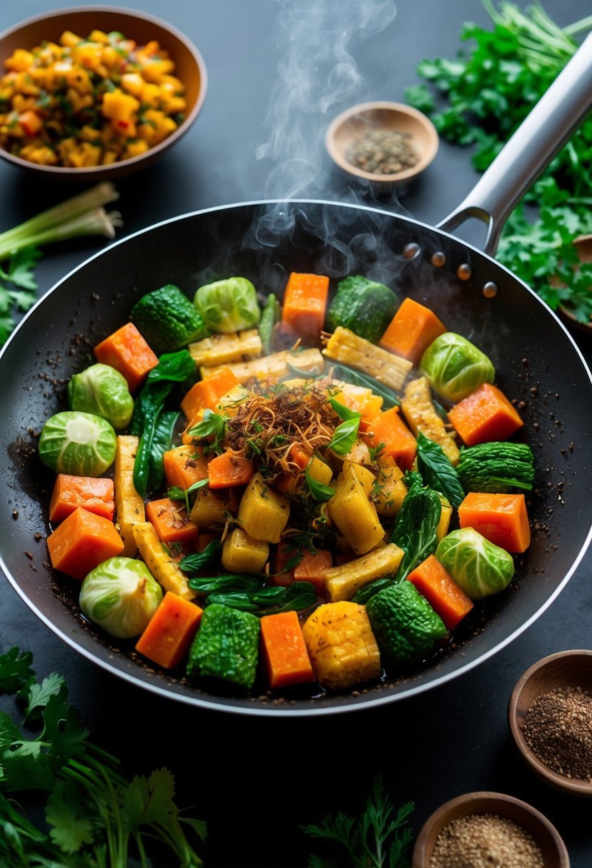 A colorful array of fermented vegetables sizzling in a wok, emitting savory aromas, surrounded by fresh herbs and spices