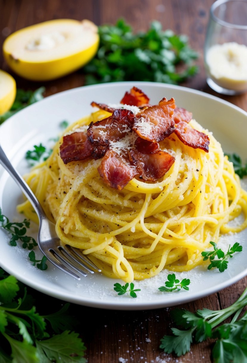 A steaming plate of spaghetti squash carbonara topped with crispy bacon and freshly grated parmesan, surrounded by vibrant green herbs and a sprinkle of black pepper