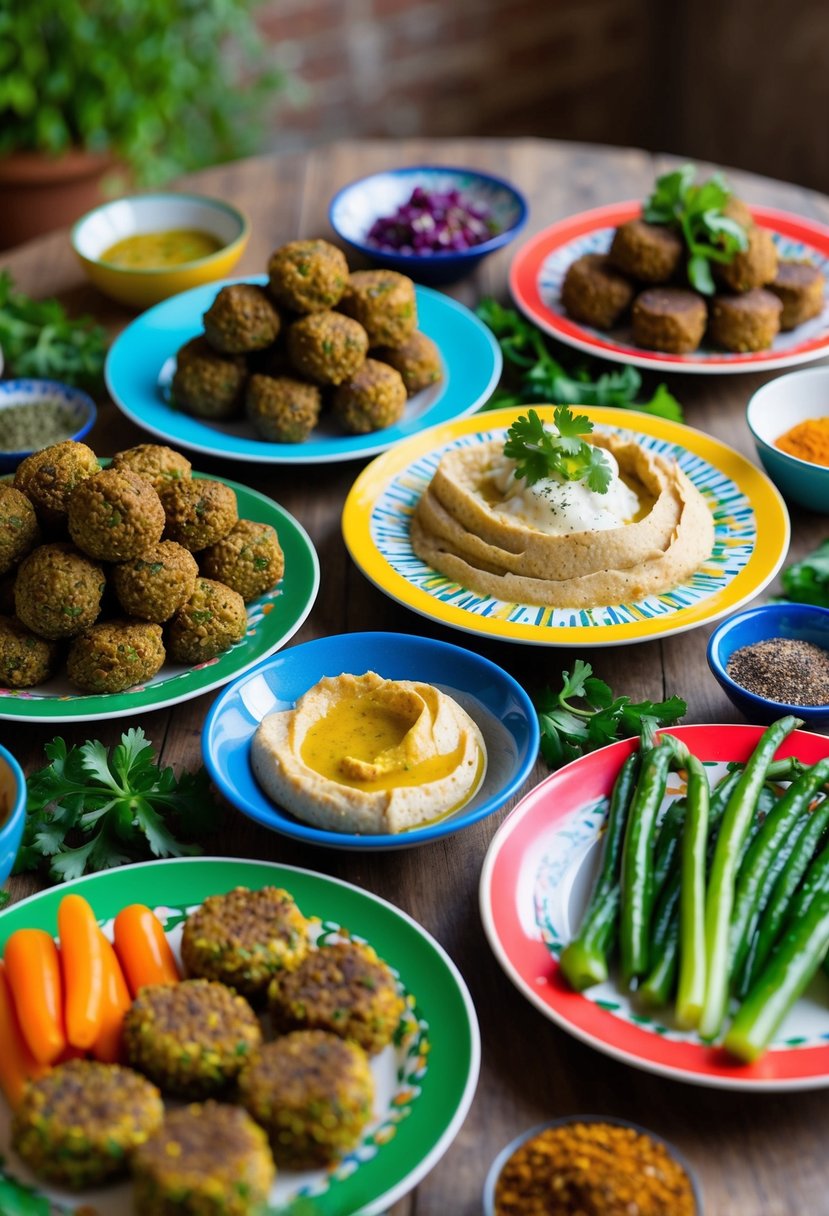 A table set with colorful plates of falafel, hummus, pita, and fresh vegetables, surrounded by Mediterranean herbs and spices