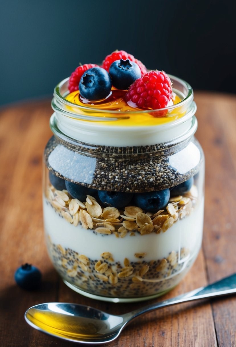 A glass jar filled with layers of oats, chia seeds, and yogurt, topped with fresh berries and honey, set on a wooden table