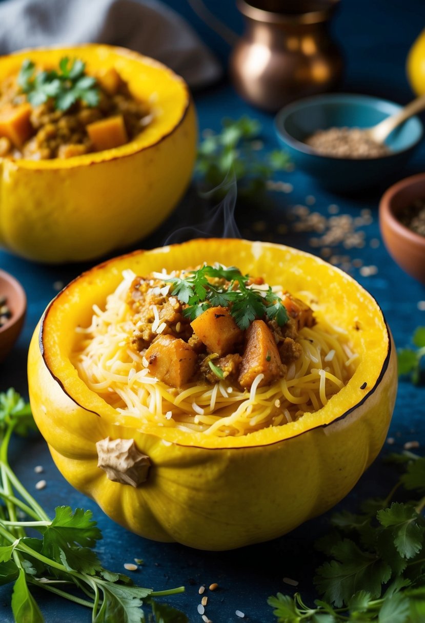 A steaming spaghetti squash filled with fragrant coconut curry, surrounded by vibrant spices and fresh herbs