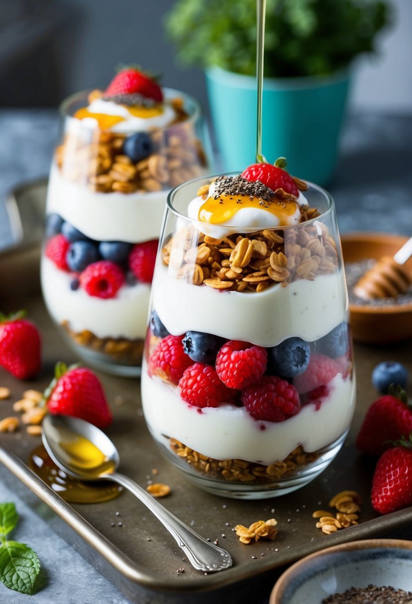 A glass parfait dish filled with layers of probiotic yogurt, granola, and fresh berries, topped with a drizzle of honey and a sprinkle of chia seeds