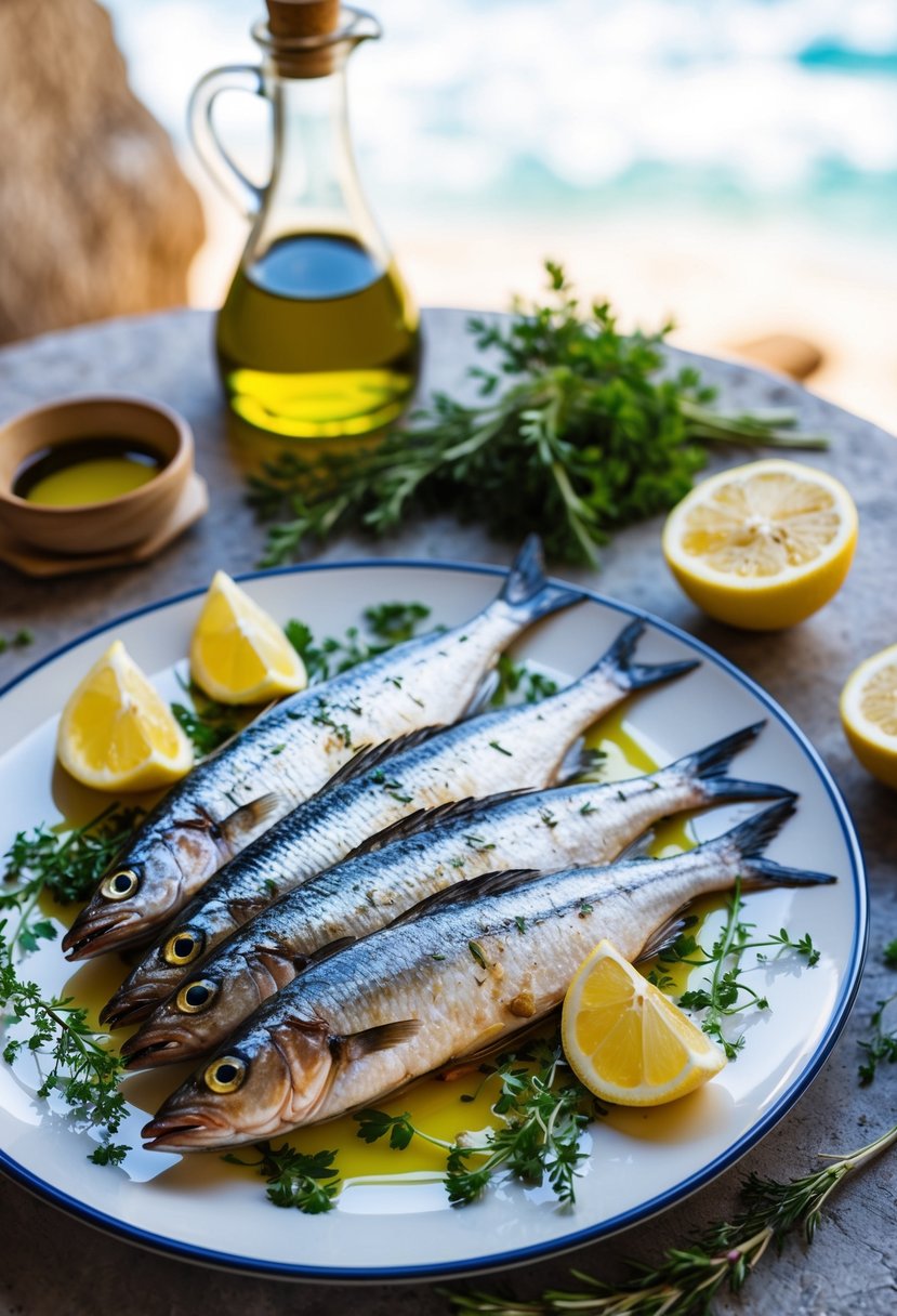 A plate of grilled sardines surrounded by fresh herbs, lemon wedges, and olive oil, with a backdrop of a rustic Mediterranean seaside setting