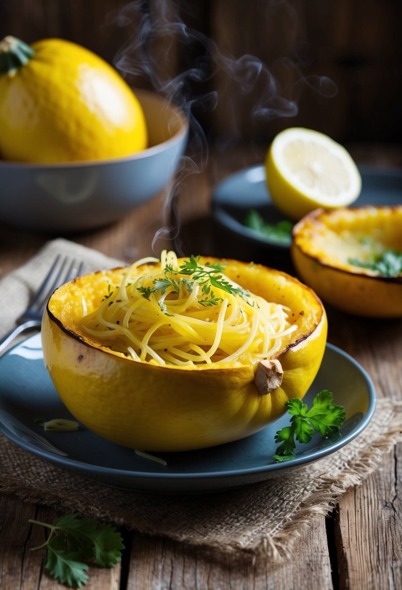 A steaming spaghetti squash with lemon and herb garnish on a rustic wooden table