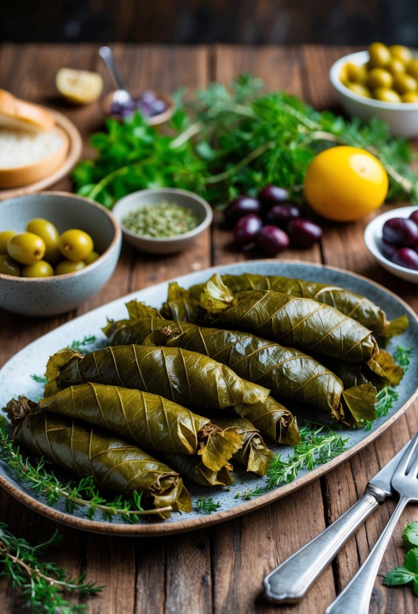 A rustic wooden table set with a platter of stuffed grape leaves, surrounded by fresh herbs, olives, and colorful Mediterranean ingredients