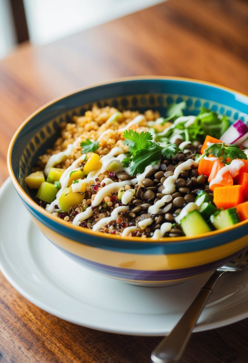 A colorful bowl filled with quinoa, lentils, and assorted vegetables, drizzled with a light vinaigrette, sitting on a wooden table