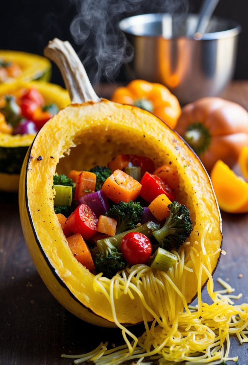 A colorful array of roasted vegetables spills out of a halved spaghetti squash, steaming and fragrant