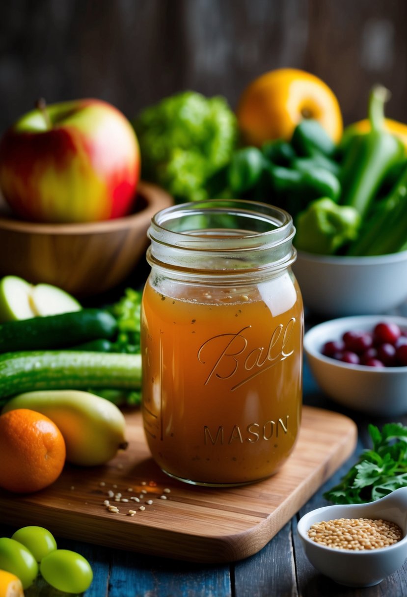 A mason jar filled with apple cider vinegar dressing sits next to a colorful array of fresh vegetables and fruits on a wooden cutting board