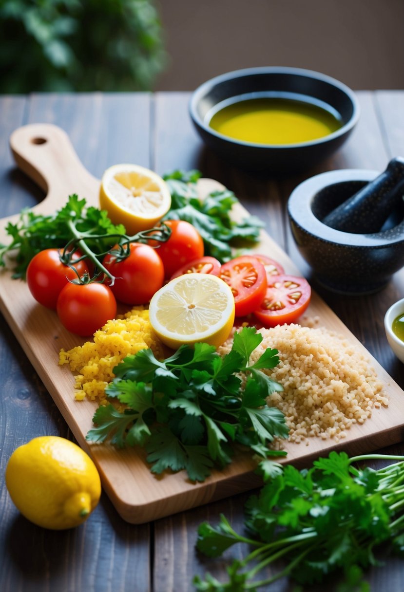 A wooden table with a colorful spread of fresh parsley, tomatoes, bulgur, and lemon, along with a bowl of olive oil and a mortar and pestle